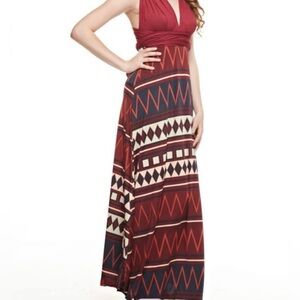 Elegant Red Patterned Maxi Dress